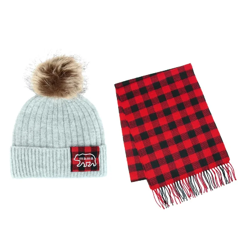 Women's Mama Bear Winter Beanie and Matching Buffalo Plaid Scarf Set