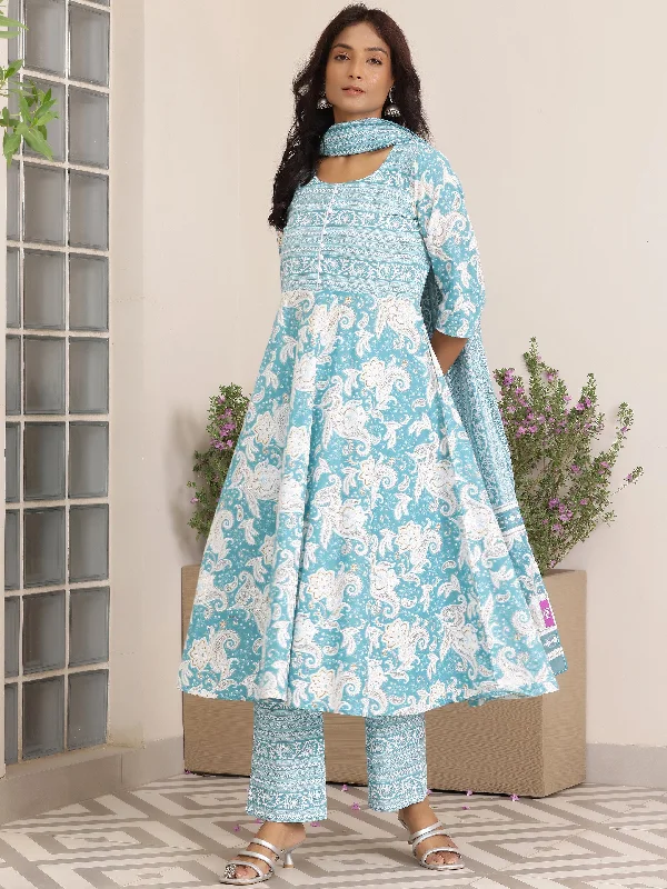 Blue Printed Cotton Anarkali Suit With Dupatta