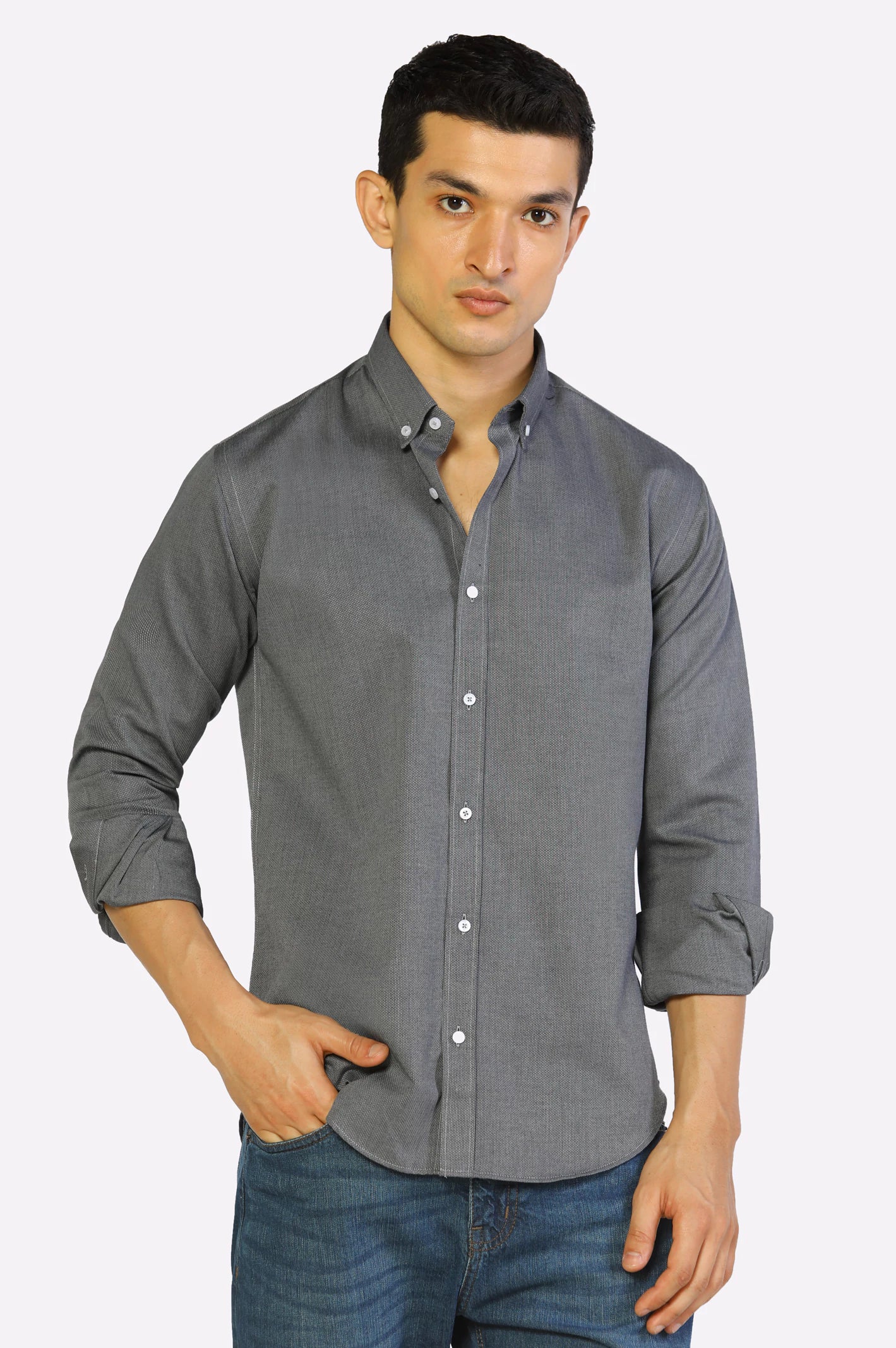 Grey Oxford Textured Casual Shirt