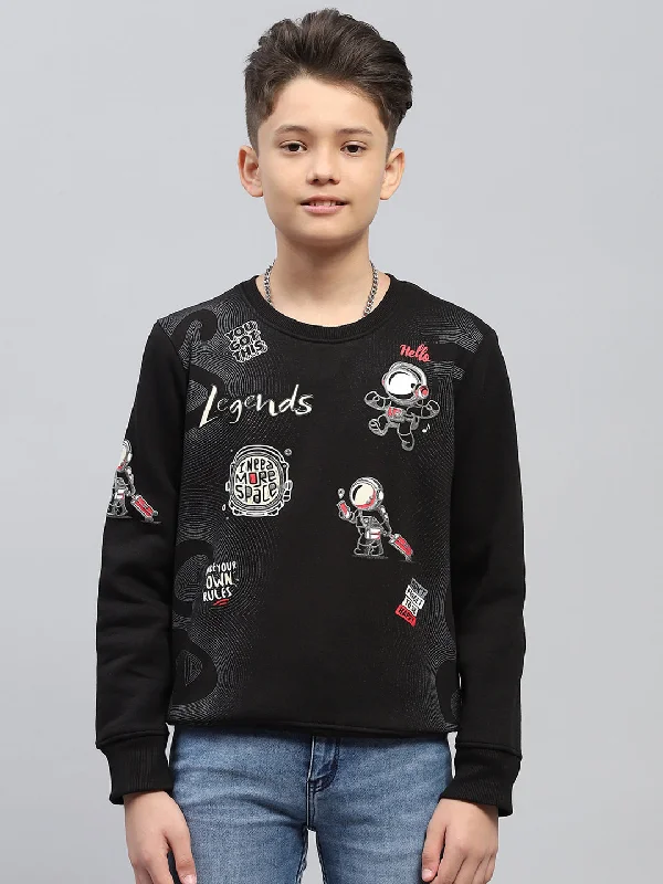 Boys Black Printed Round Neck Full Sleeve Sweatshirt