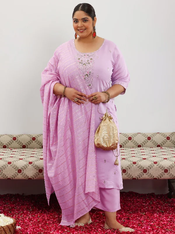 Plus Size Lilac Embroidered Silk Blend Straight Suit With Dupatta