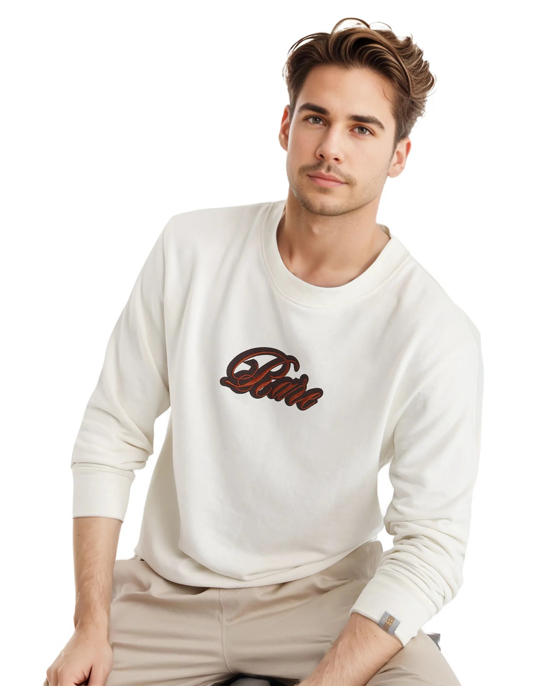 Rare Rabbit Men's Frejus Off White Cotton Blend Fabric Full Sleeve Crew Neck Embroidered Logo Sweatshirt