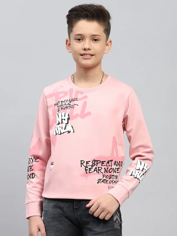 Boys Peach Printed Round Neck Full Sleeve Sweatshirt