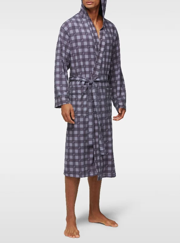 Gray hooded printed dressing gown