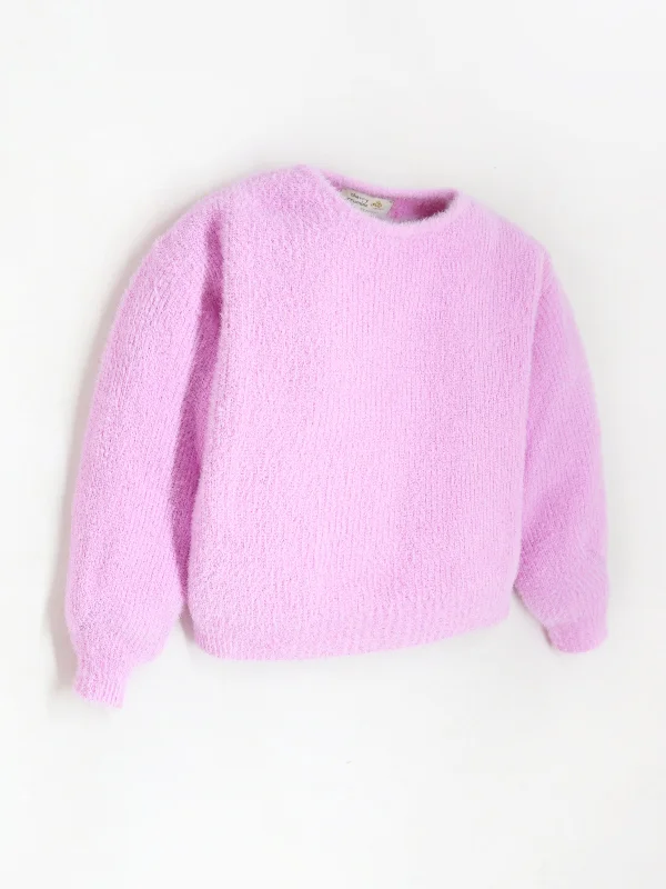 Cute Baby Pink Puffy Sleeve Warm Solid Round Neck Sweater For Girls