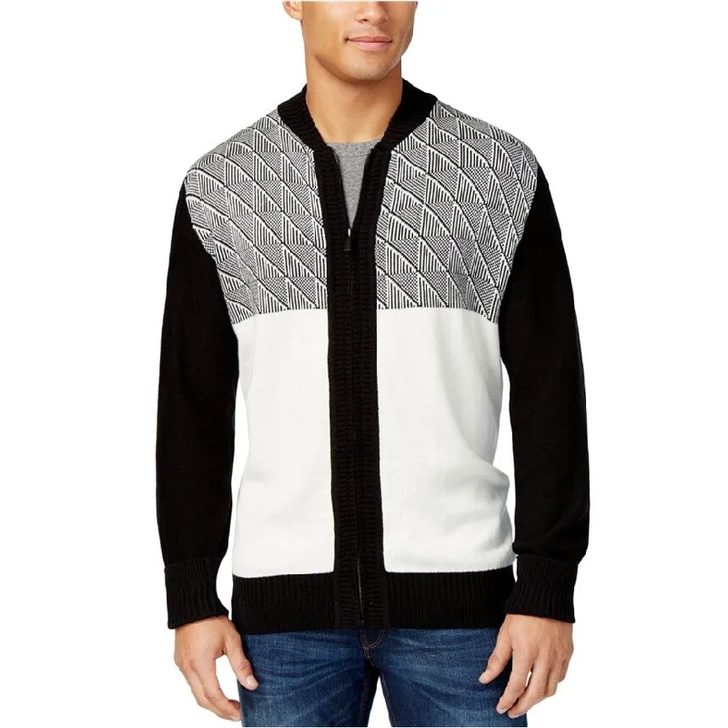 Sean John Mens Jacquard Zip-Up Cardigan Sweater, Black, Small