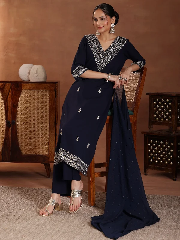 Blue Embroidered Rayon Straight Suit With Dupatta