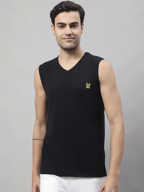 Vimal Jonney Regular Fit Cotton Solid Black Gym Vest for Men