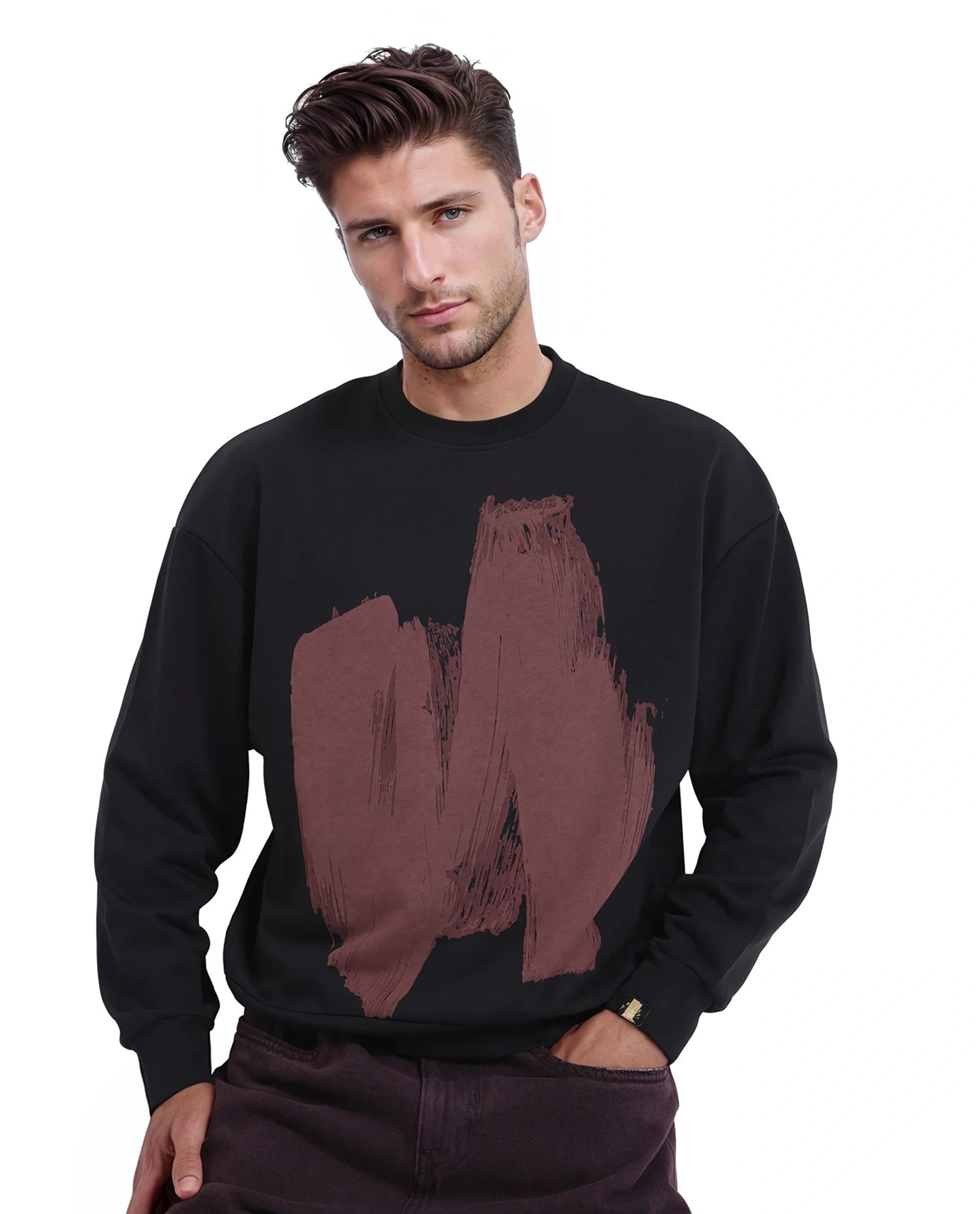 Rare Rabbit Men Bade Black Cotton Polyester Fabric Full Sleeve Crew Neck Boxy Fit Printed Sweatshirt