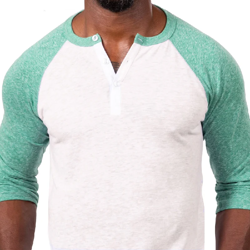 Green Heather & White Contrast 3/4 Raglan Sleeve Tri-Blend Henley - Made In USA (XL Available)