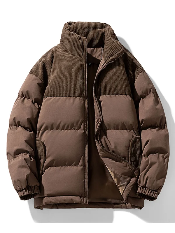 Corduroy Patchwork Zip Up Puffer Coat