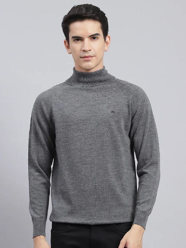 Men Grey Solid Pure wool Pullover