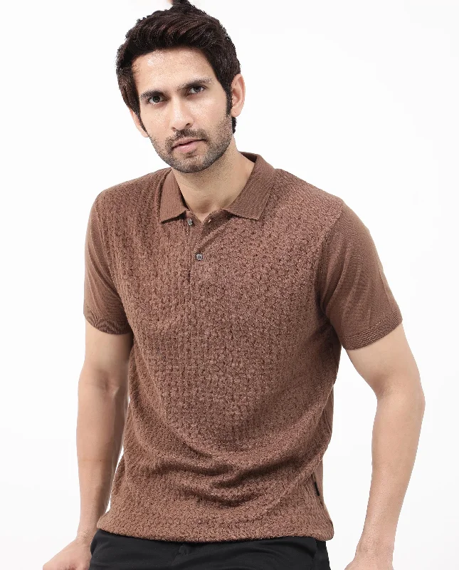 Rare Rabbit Men's Lincos Brown Cotton Fabric Collared Neck Half Sleeves Textured Polo T-Shirt