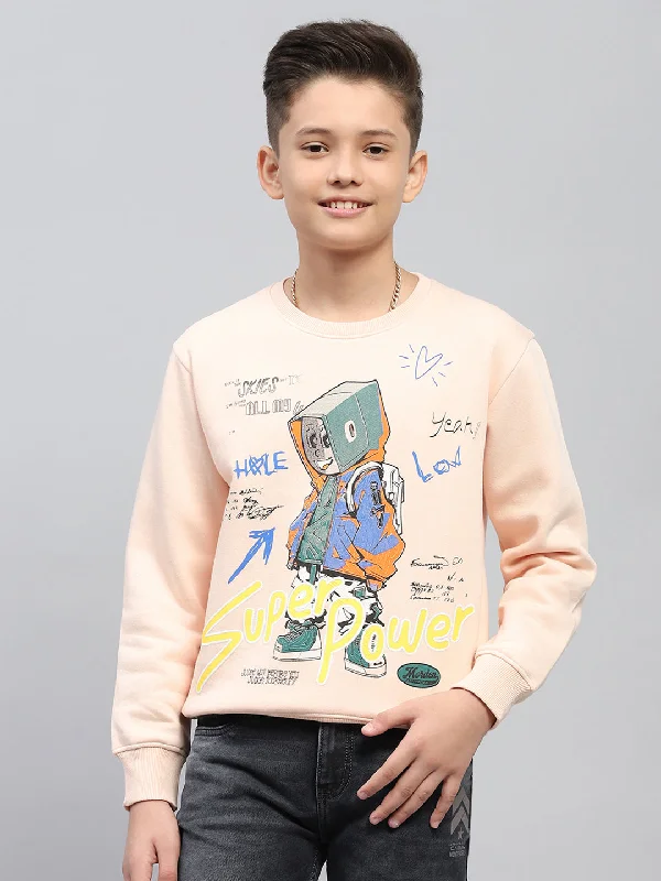 Boys Peach Printed Round Neck Full Sleeve Sweatshirt