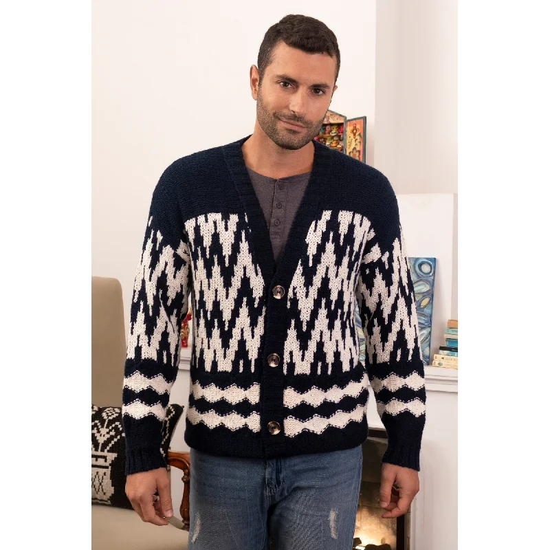 Novica Handmade Peruvian Zigzag Mens Cotton Cardigan