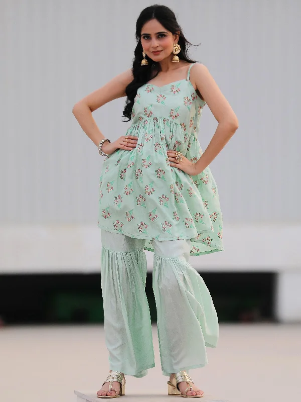 Sea Green Printed Silk Blend A-Line Kurta With Sharara