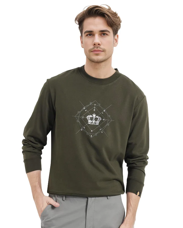 Rare Rabbit Men Tarol Olive Cotton Polyester Fabric Full Sleeve Crew Neck Regular Fit HD Printed Sweatshirt