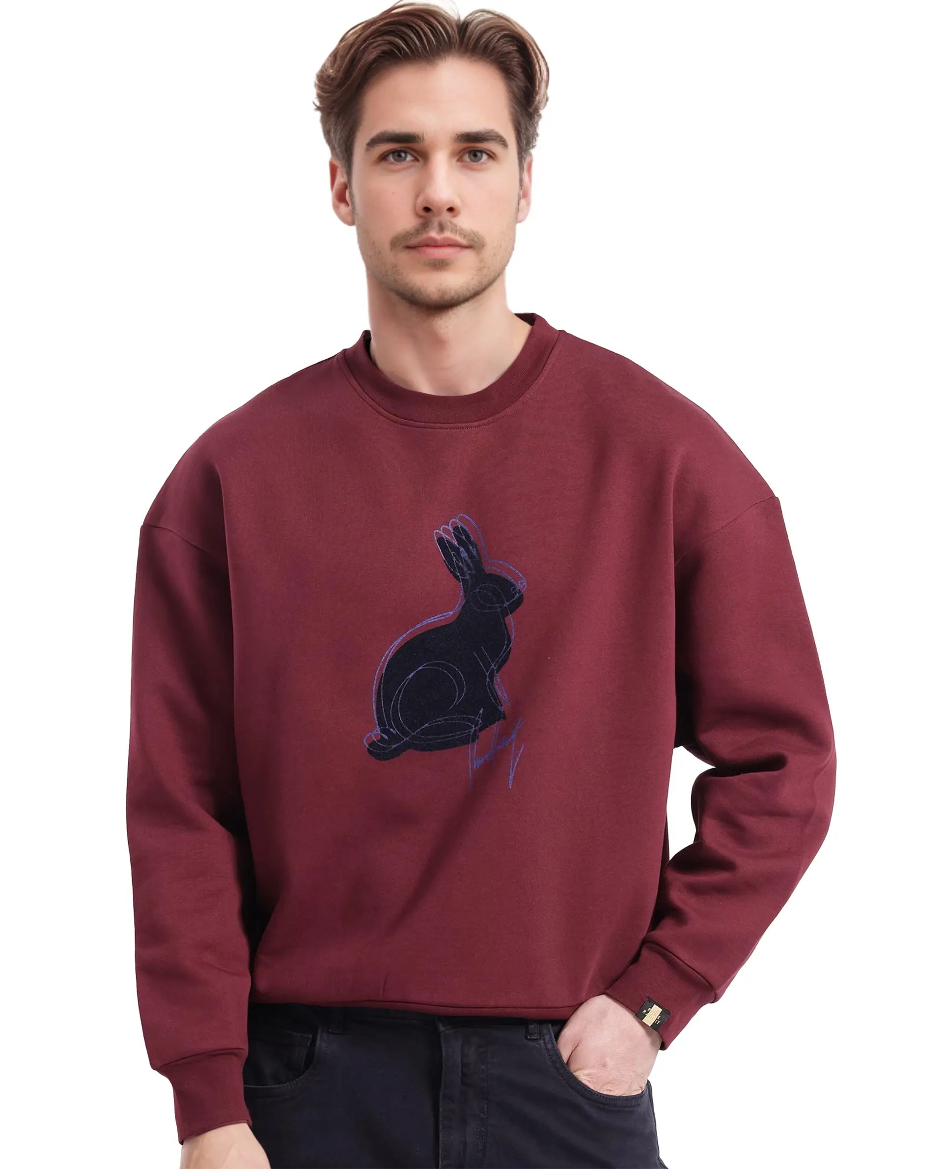 Rare Rabbit Men Ezy Maroon Cotton Polyester Fabric Full Sleeve Crew Neck Boxy Fit Animal Print Sweatshirt