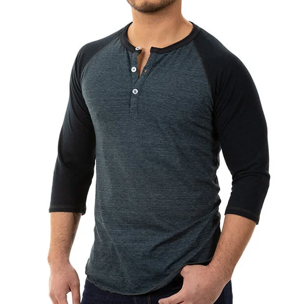 Tonal Blue/Black Contrast 3/4 Raglan Sleeve Tri-Blend Henley Shirt (XXL Available)