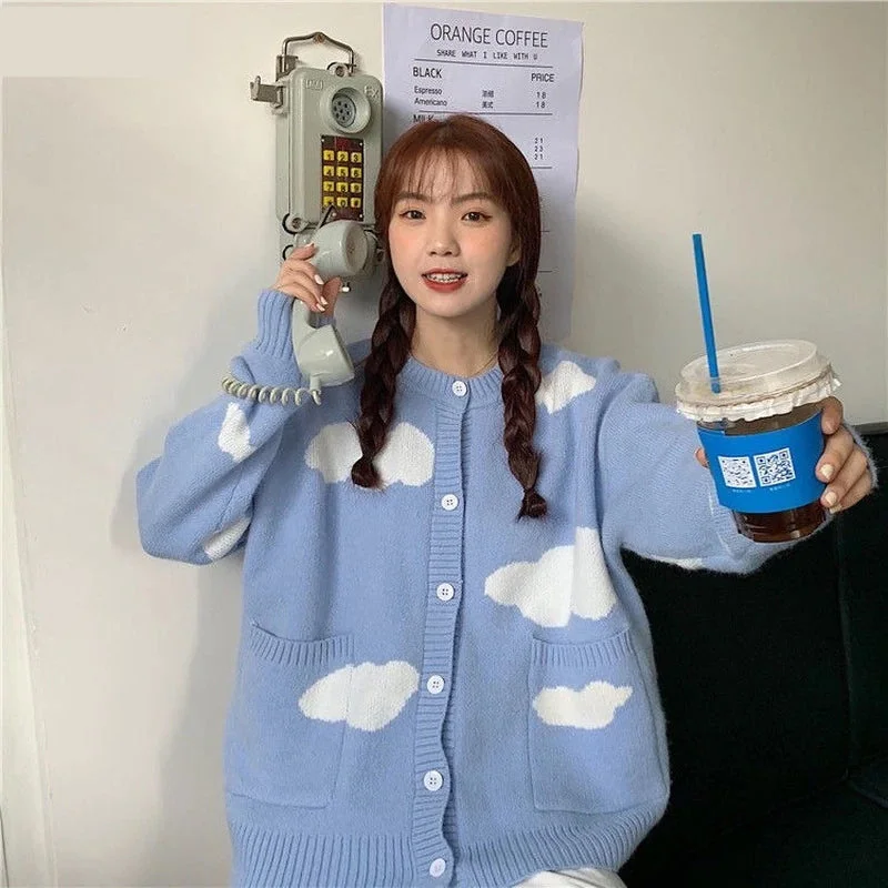 KittenAlarm - Loose Clouds Pattern Knitted Cardigan Sweater