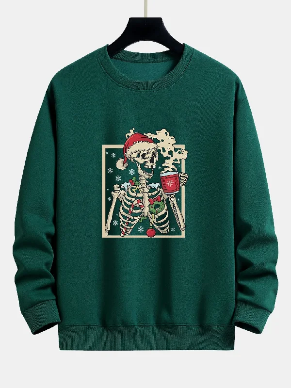 Christmas Skeleton Drinking Coffee Print Relax Fit Sweatshirt