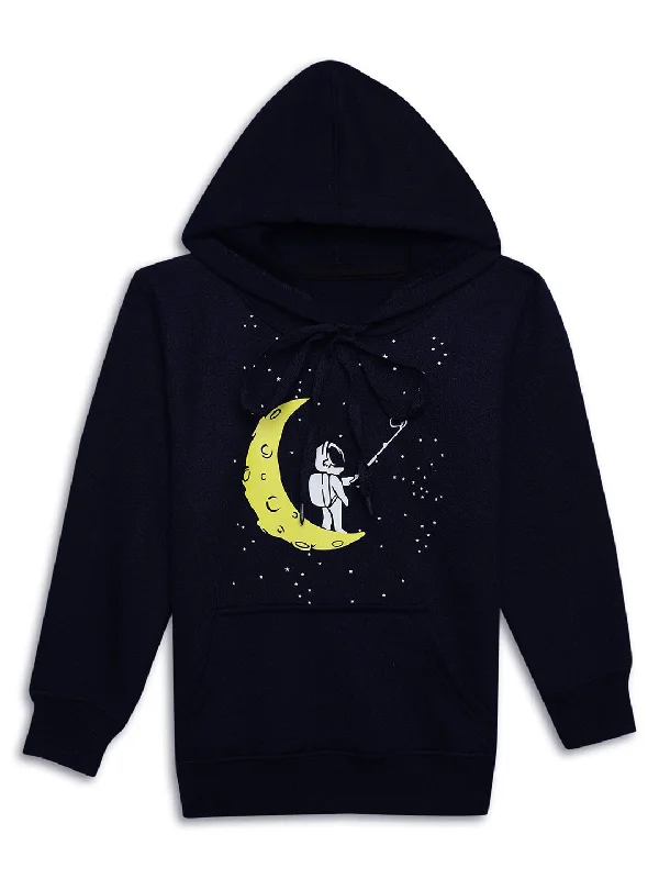 Vimal Jonney Navy Blue Printed Hooded Cotton Fleece Sweatshirt for Kids