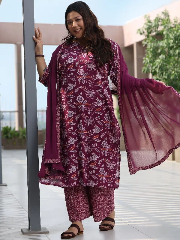 Plus Size Burgundy Printed Cotton Straight Suit With Dupatta