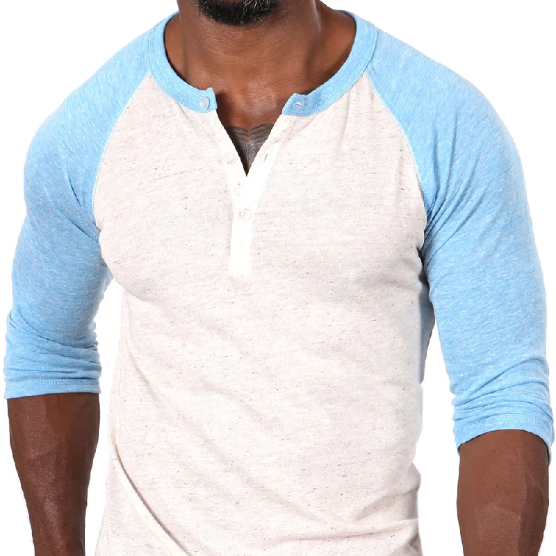 Heather & Light Blue Contrast 3/4 Raglan Sleeve Tri-Blend Henley - Made In USA (XXL Available))