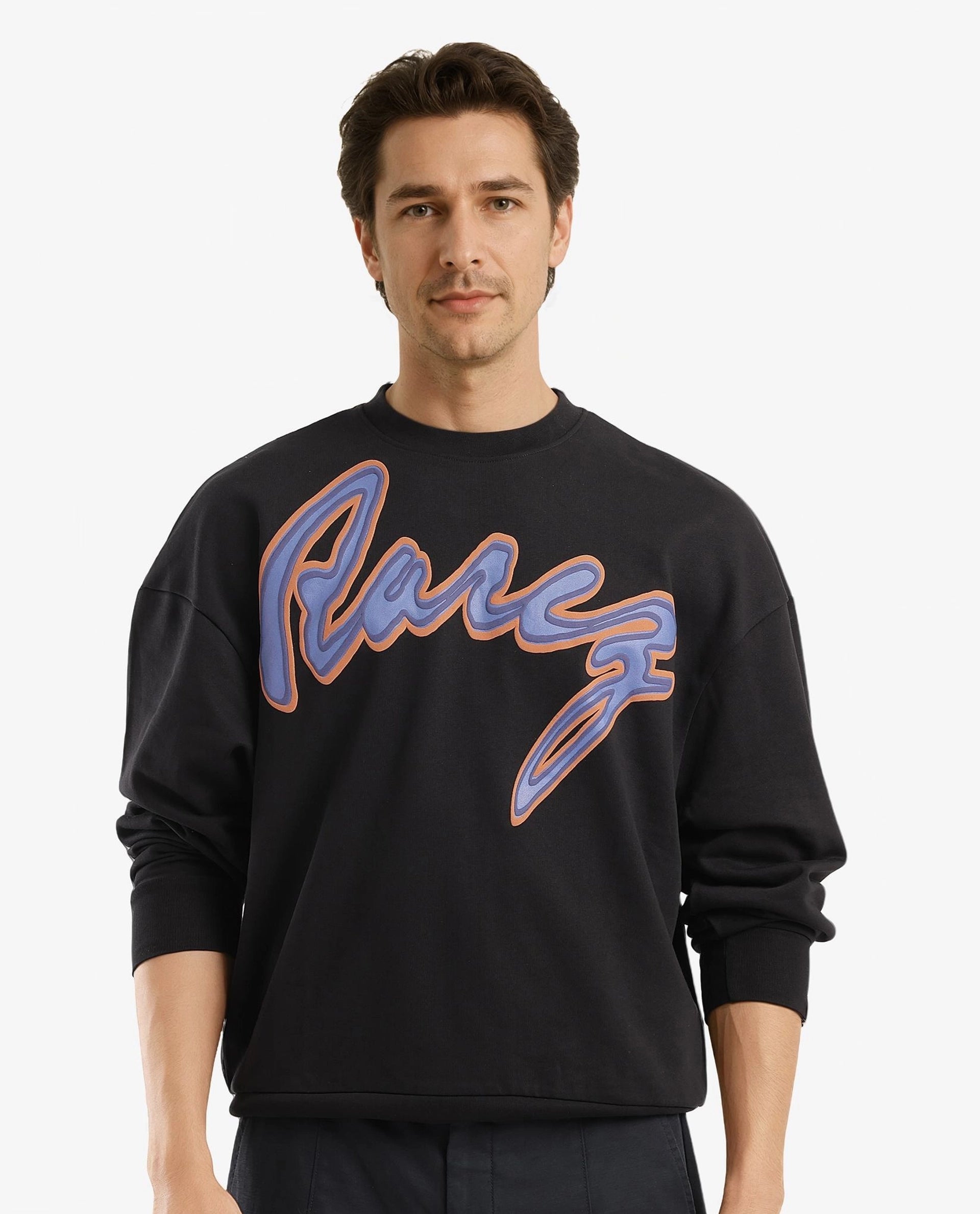 Rare Rabbit Men Mabel Black Cotton Polyester Fabric Full Sleeve Crew Neck Boxy Fit Printed Sweatshirt