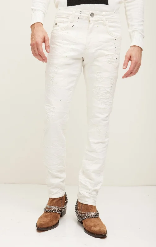 Painted Soft Cotton Distressed Denim Jeans - White