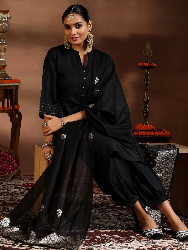 Black Solid Cotton Blend Straight Suit With Dupatta