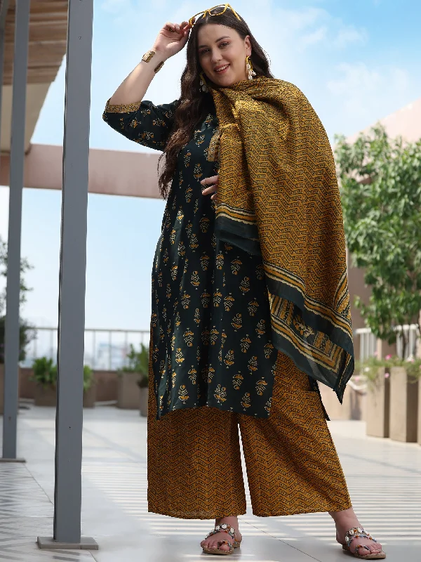 Plus Size Green Printed Cotton Straight Suit With Dupatta