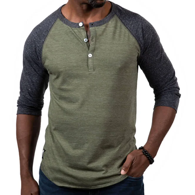 Olive & Charcoal Grey Contrast 3/4 Raglan Sleeve Tri-Blend Henley Shirt (XL & XXL Available)