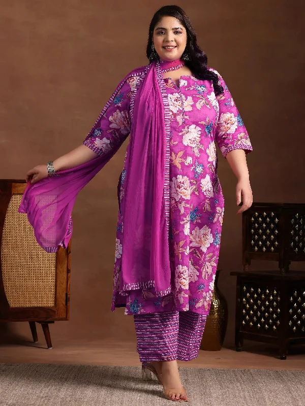 Plus Size Pink Printed Cotton Straight Suit With Dupatta