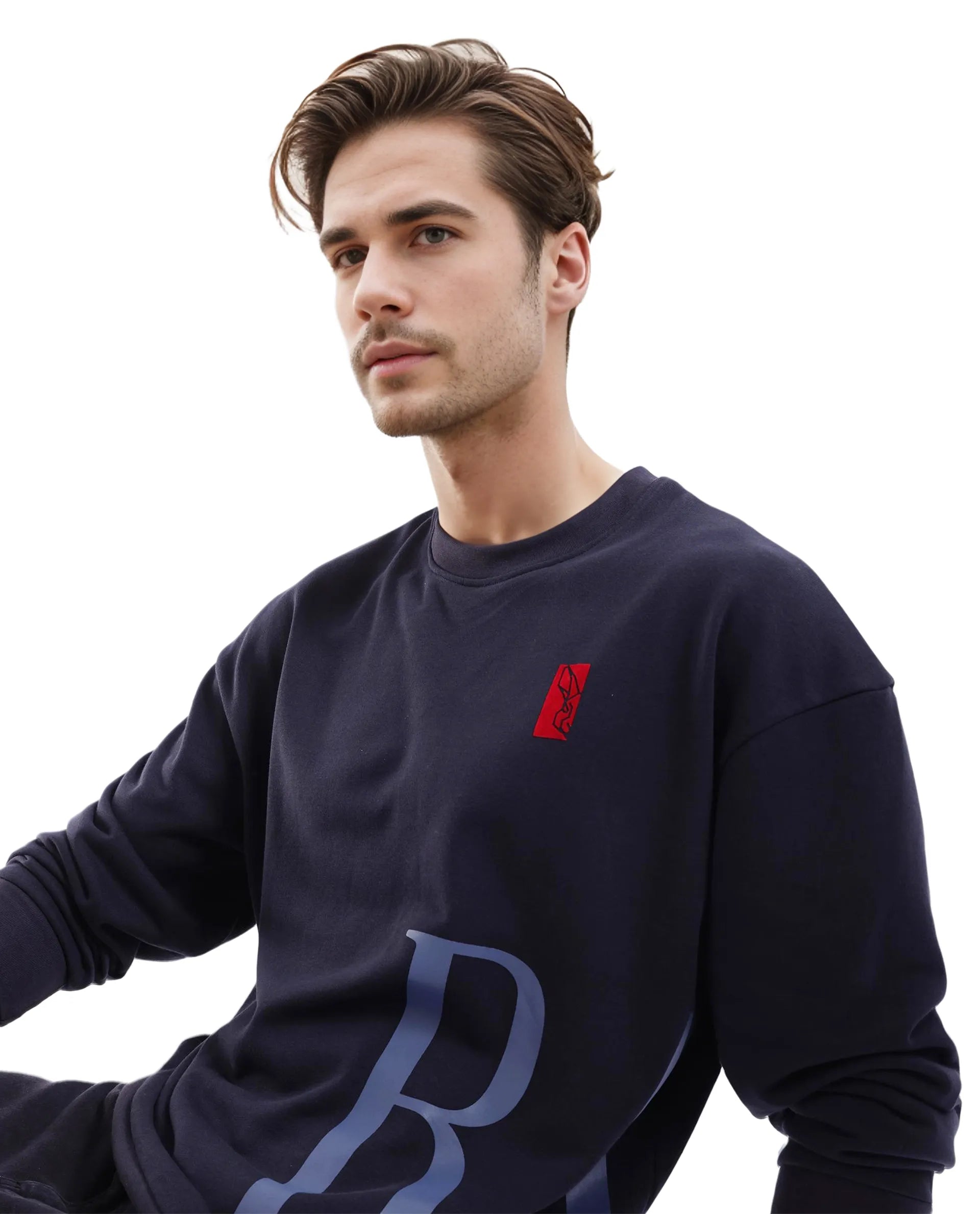 Rare Rabbit Men's Kacey Navy Cotton Blend Fabric Full Sleeve Crew Neck Boxy Fit Flock Print Logo and Placement Print Sweatshirt