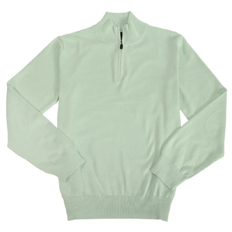 Cotton and Silk Blend Quarter-Zip Mock Neck Elbow Patch Sweater in Mint by Viyella