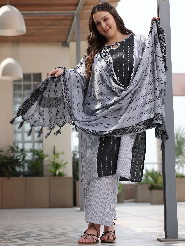 Plus Size Grey Self Design Cotton Blend Straight Suit With Dupatta