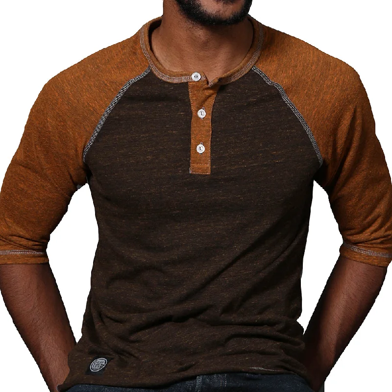 Camel & Chocolate Contrast 3/4 Raglan Sleeve Henley (XL & XXL Available)