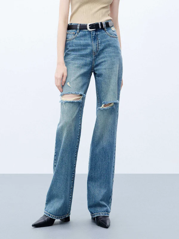 Cotton Straight Destroyed Jeans