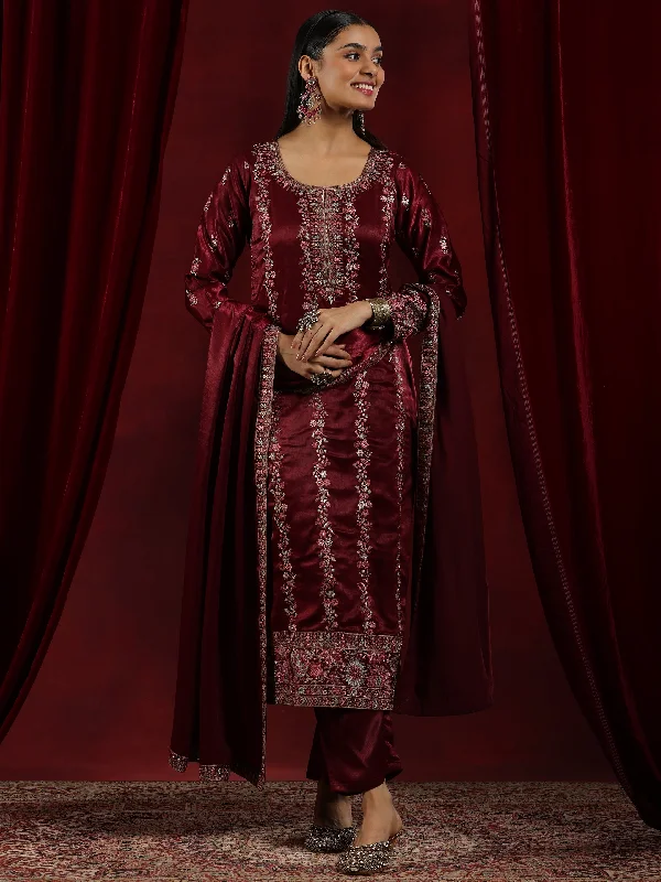 Libas Art Maroon Embroidered Silk Straight Suit With Dupatta