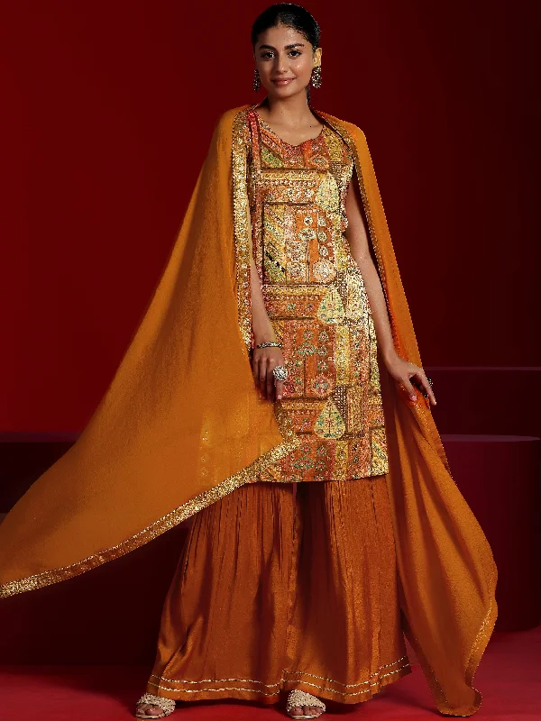 Libas Art Orange Woven Design Silk Blend Straight Suit With Dupatta