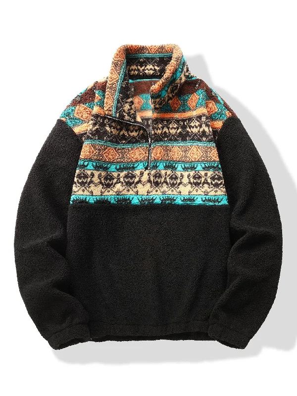 Relax Fit Quarter Zip Ethnic Geometric Patchwork Teddy Sweatshirt