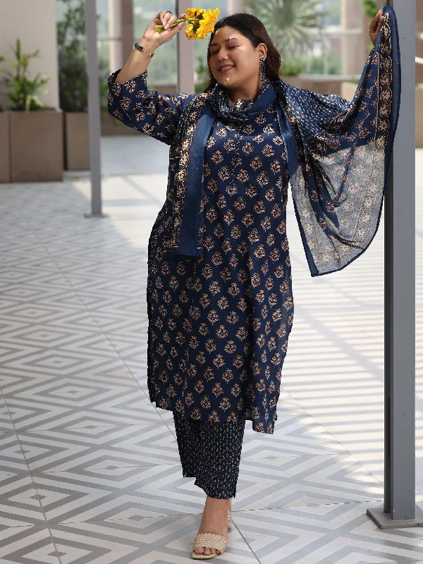 Plus Size Blue Printed Cotton Straight Suit With Dupatta