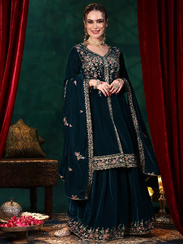 Teal Blue Embroidered Velvet Straight Suit With Dupatta