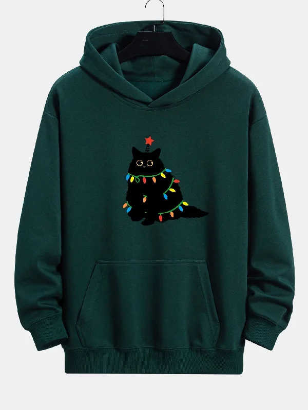 Colorful Light Black Cat Print Relax Fit Hoodie