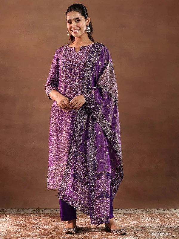 Purple Printed Silk Blend Straight Suit With Dupatta