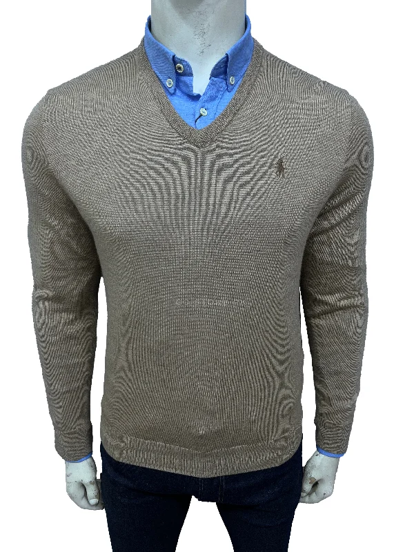 RL V-Neck Washable Merino Wool Beige Sweater