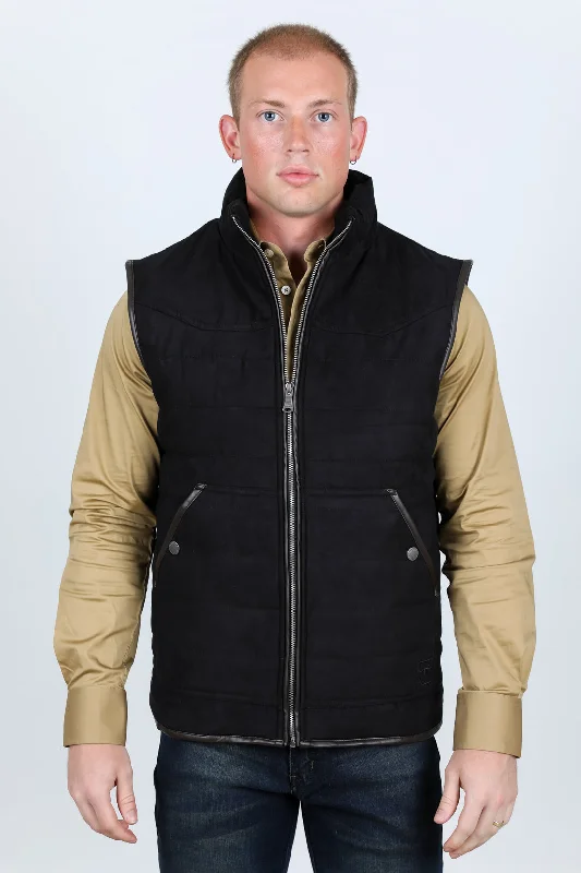 Men's Fur Lined Quilted Faux Suede Vest - Black