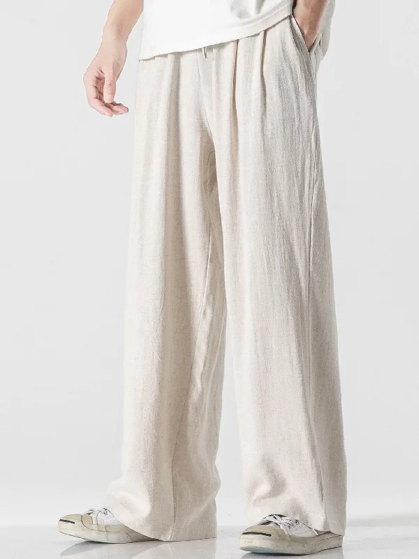 Linen And Cotton Blend Relax Fit Wide Leg Pants