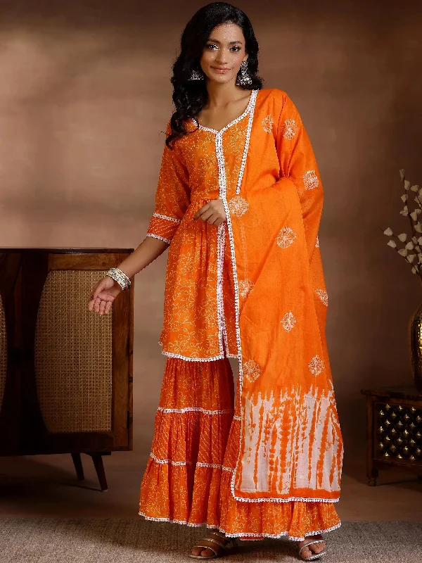 Orange Printed Cotton A-Line Kurti With Sharara & Dupatta